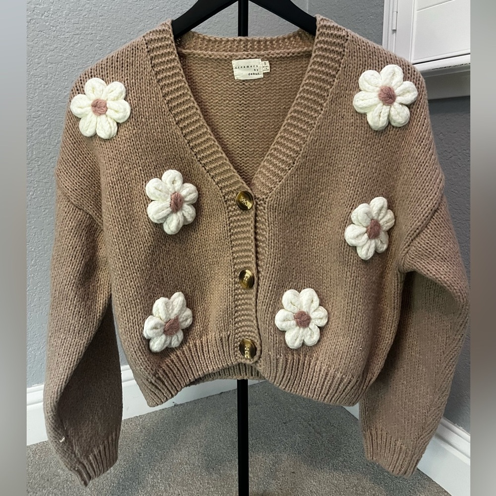 Dreamers Pink and Creme Floral Cardigan Sweater